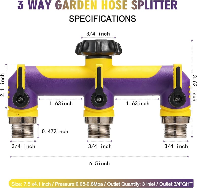 ATAOSGR 3 way Hose Splitter, Garden Hose Water bib Spigot Splitter, T Hose Connector- With Shutoff Valves Water Adapter,Outdoor Faucet Splitter 3/4" GHT Thread, For Outdoor garden irrigation（purple yellow） - Image 2